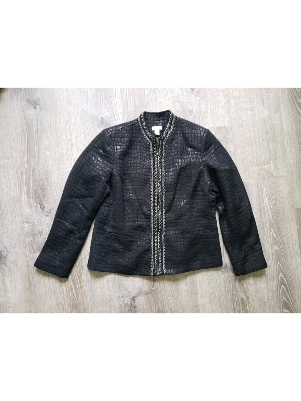 Chicos 2 Womens 12 Blazer Jacket Croc Print Chain Accent Zip Up Front Black